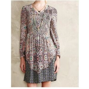 Anthropologie Maeve Tiled Amethyst Ruched Long Sleeve Fit n Flare Mini Dress XS